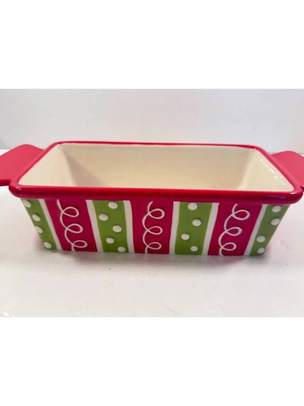 Baking Loaf Pans Stoneware Burton + Burton Christmas Red Green Polka Dots NEW